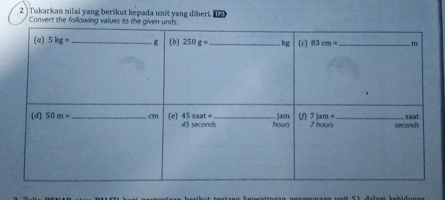 Tukarkan nilai yang berikut kepada unit yang diberi. P
Convert the following values to 
rikut tentang kenentingan penggunaan unit SL dalam kehidunan