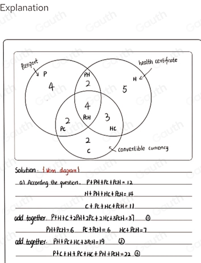 solution. Ivem dagram! 
al According the question. P+PH+PC+PCH=12
H+PH+HC+PCH=14
C+PC+HC+PCH=11
add together. P+H+C+2PH+2PC+2HC+3PCH=37 ①
PH+PCH=6 PC+PCH=6 HC+PCH=7
odd together. PH+PC+HC+3PCH=19 ②
P+C+H+PC+HC+PH+PCH=22 ③