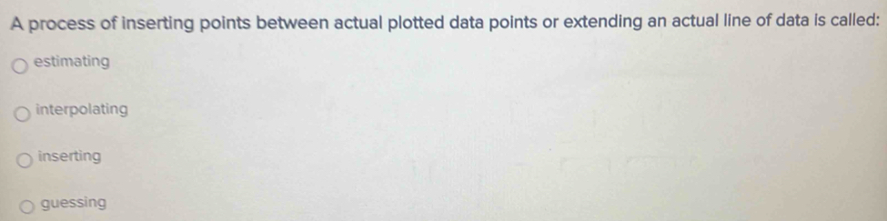 A process of inserting points between actual plotted data points or extending an actual line of data is called:
estimating
interpolating
inserting
guessing