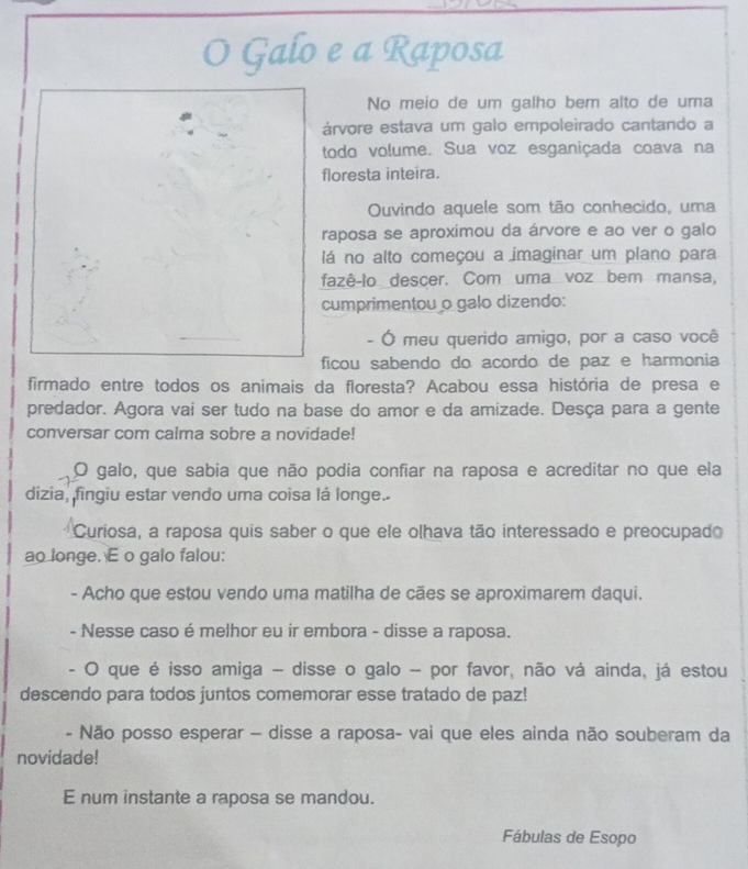 Galo e a Raposa 
No meio de um galho bem alto de uma 
árvore estava um galo empoleirado cantando a 
todo volume. Sua voz esganiçada coava na 
floresta inteira. 
Ouvindo aquele som tão conhecido, uma 
raposa se aproximou da árvore e ao ver o galo 
lá no alto começou a imaginar um plano para 
fazê-to descer. Com uma voz bem mansa, 
cumprimentou o galo dizendo: 
- Ó meu querido amigo, por a caso você 
ficou sabendo do acordo de paz e harmonia 
firmado entre todos os animais da floresta? Acabou essa história de presa e 
predador. Agora vai ser tudo na base do amor e da amizade. Desça para a gente 
conversar com calma sobre a novidade! 
O galo, que sabia que não podia confiar na raposa e acreditar no que ela 
dizia, fingiu estar vendo uma coisa lá longe. 
Curiosa, a raposa quis saber o que ele olhava tão interessado e preocupado 
ao longe. E o galo falou: 
- Acho que estou vendo uma matilha de cães se aproximarem daqui. 
- Nesse caso é melhor eu ir embora - disse a raposa. 
- O que é isso amiga - disse o galo - por favor, não vá ainda, já estou 
descendo para todos juntos comemorar esse tratado de paz! 
- Não posso esperar - disse a raposa- vai que eles ainda não souberam da 
novidade! 
E num instante a raposa se mandou. 
Fábulas de Esopo