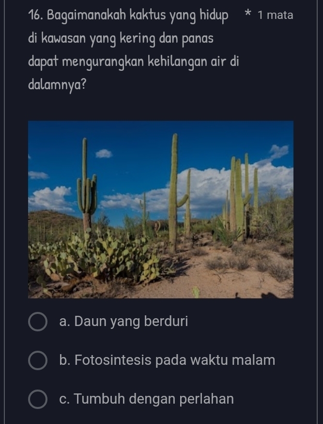 Bagaimanakah kaktus yang hidup * 1 mata
di kawasan yang kering dan panas
dapat mengurangkan kehilangan air di
dalamnya?
a. Daun yang berduri
b. Fotosintesis pada waktu malam
c. Tumbuh dengan perlahan