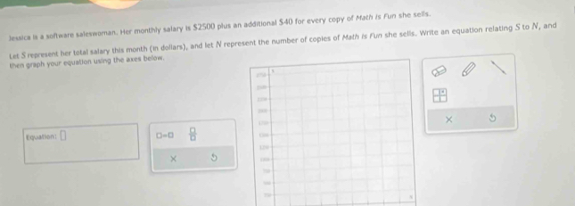 Jessica is a software saleswoman. Her monthly salary is $2500 plus an additional $40 for every copy of Math is Fun she sells. 
Les S represent her total salary this month (in dollars), and let N represent the number of copies of Math is Fun she sells. Write an equation relating S to N, and 
then graph your equation using the axes below. 
Equation: □ □ -□  □ /□  
× 
×