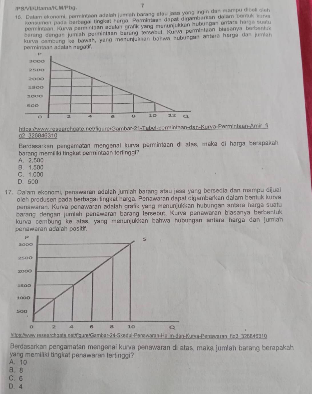 IPS/VII/Utama/K.M/Pbg.
7
16. Dalam ekonomi, permintaan adalah jumlah barang atau jasa yang ingin dan mampu dibeli oleh
konsumen pada berbagai tingkat harga. Permintaan dapat digambarkan dalam bentuk kurva
permintaan. Kurva permintaan adalah grafik yang menunjukkan hubungan antara harga suatu
barang dengan jumlah permintaan barang tersebut. Kurva permintaan biasanya berbentuk
kurva cembung ke bawah, yang menunjukkan bahwa hubungan antara harga dan jurnlah
permintaan adalah negatif.
https://www.researchgate.net/figure/Gambar-21-Tabel-permintaan-dan-Kurva-Permintaan-Amir fi
g2 326846310
Berdasarkan pengamatan mengenai kurva permintaan di atas, maka di harga berapakah
barang memiliki tingkat permintaan tertinggi?
A. 2.500
B. 1.500
C. 1.000
D. 500
17. Dalam ekonomi, penawaran adalah jumlah barang atau jasa yang bersedia dan mampu dijual
oleh produsen pada berbagai tingkat harga. Penawaran dapat digambarkan dalam bentuk kurva
penawaran. Kurva penawaran adalah grafik yang menunjukkan hubungan antara harga suatu
barang dengan jumlah penawaran barang tersebut. Kurva penawaran biasanya berbentuk
kurva cembung ke atas, yang menunjukkan bahwa hubungan antara harga dan jumlah
penawaran adalah positif.
https://www.researchqate.net/figure/Gambar-24-Skedul-Penawaran-Halim-dan-Kurva-Penawaran fiq3 326846310
Berdasarkan pengamatan mengenai kurva penawaran di atas, maka jumlah barang berapakah
yang memiliki tingkat penawaran tertinggi?
A. 10
B. 8
C. 6
D. 4