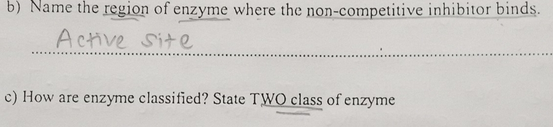 Name the region of enzyme where the non-competitive inhibitor binds. 
_ 
c) How are enzyme classified? State TWO class of enzyme