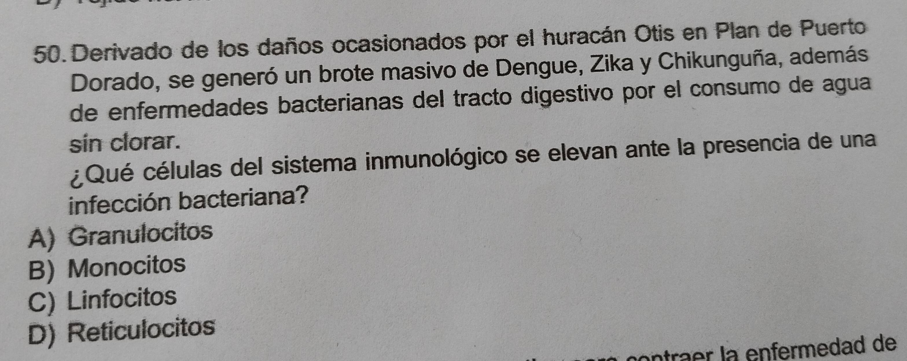 Derivado de los daños ocasionados por el huracán Otis en Plan de Puerto
Dorado, se generó un brote masivo de Dengue, Zika y Chikunguña, además
de enfermedades bacterianas del tracto digestivo por el consumo de agua
sin clorar.
¿Qué células del sistema inmunológico se elevan ante la presencia de una
infección bacteriana?
A) Granulocitos
B) Monocitos
C) Linfocitos
D) Reticulocitos
trar la enfermedad de