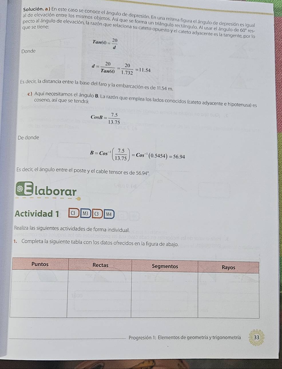 Solución. a ) En este caso se conoce el ángulo de depresión. En una misma figura el ángulo de depresión es igual 
al de elevación entre los mismos objetos. Así que se forma un triángulo rectángulo. Al usar el ángulo de 60° res- 
que se tiene: 
pecto al ángulo de elevación, la razón que relaciona su cateto opuesto y el cateto adyacente es la tangente, por lo
Tan60= 20/d 
Donde
d= 20/Tan60 = 20/1.732 =11.54
Es decir, la distancia entre la base del faro y la embarcación es de 11.54 m. 
c) Aquí necesitamos el ángulo B. La razón que emplea los lados conocidos (cateto adyacente e hipotenusa) es 
coseno, así que se tendrá:
CosB= (7.5)/13.75 
De donde
B=Cos^(-1)( (7.5)/13.75 )=Cos^(-1)(0.5454)=56.94
Es decir, el ángulo entre el poste y el cable tensor es de 56.94°. 
sSlaborar 
Actividad 1 C3 M3 C3 M4 
Realiza las siguientes actividades de forma individual. 
1. Completa la siguiente tabla con los datos ofrecidos en la figura de abajo. 
_ Progresión 1: Elementos de geometría y trigonometría 33