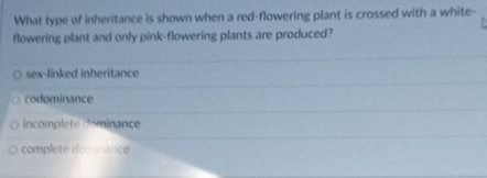 What type of inheritance is shown when a red-flowering plant is crossed with a white-
flowering plant and only pink-flowering plants are produced?
sex-linked inheritance
codominance
incomplete dominance
complete dominance