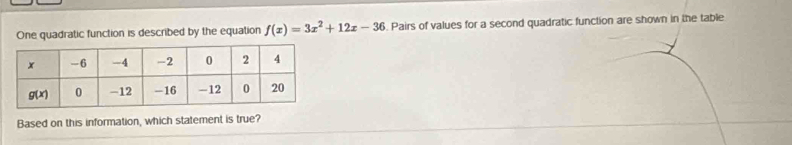 One quadratic function is described by the equation f(x)=3x^2+12x-36. Pairs of values for a second quadratic function are shown in the table
Based on this information, which statement is true?