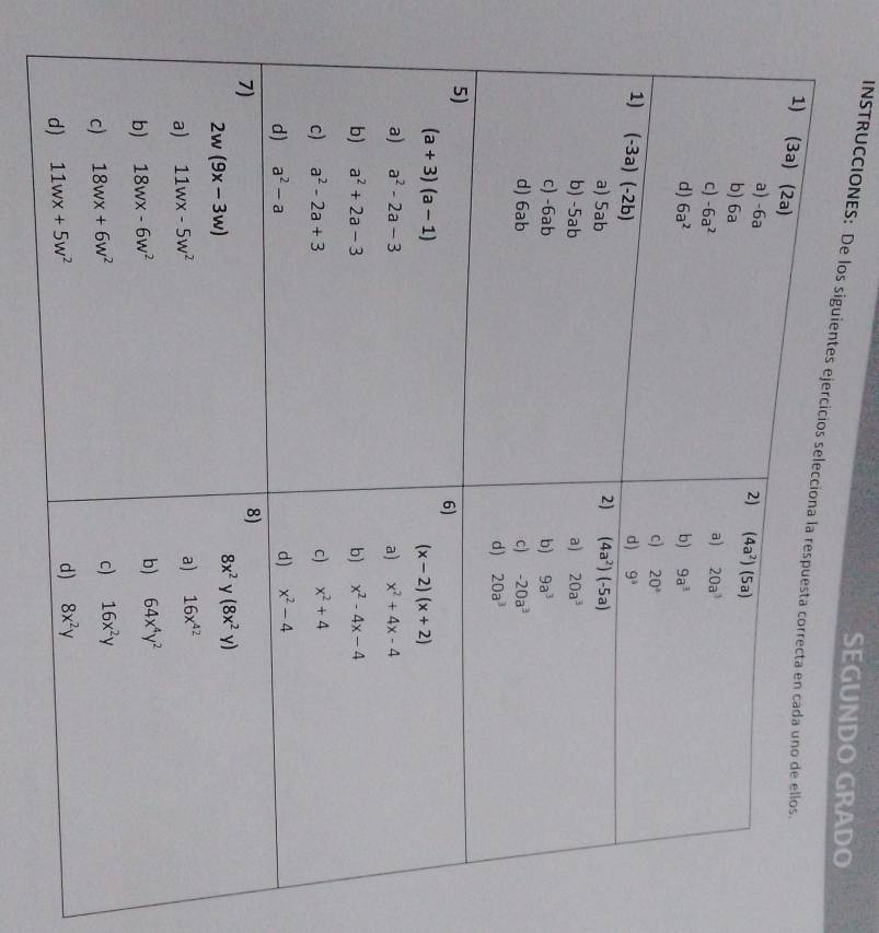 SEGUNDO GRADO
INSTRUCCIONES: De los siguiente