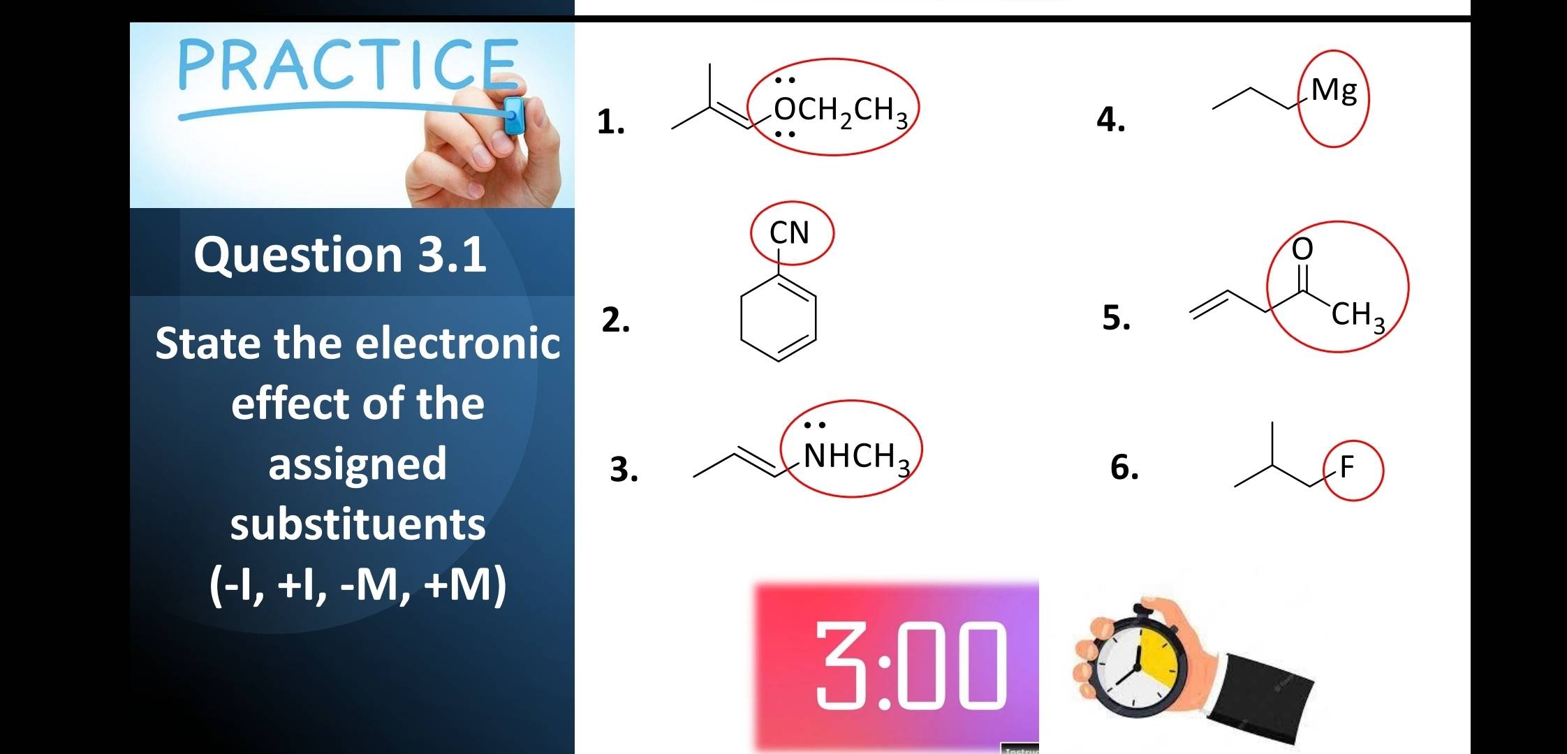 PRACTICE
Mg
1.
4.
Question 3.1
CN
2.
5.
State the electronic
effect of the
NHC H_3
assigned 3. 6. F
substituents
(-1,+1,-M,+M)
3:□ □