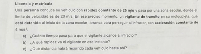 Licencia y matrícula 
Una persona conduce su vehículo con rapidez constante de 25 m/s y pasa por una zona escolar, donde el 
límite de velocidad es de 20 m/s. En ese preciso momento, un vigilante de transito en su motocicleta, que 
está detenido al inicio de la zona escolar, arranca para perseguir al infractor, con aceleración constante de
4m/s^2. 
a) Cuánto tiempo pasa para que el vigilante alcance al infractor? 
b) ¿A qué rapidez va el vigilante en ese instante? 
c) ¿Qué distancia habrá recorrido cada vehículo hasta ahi?