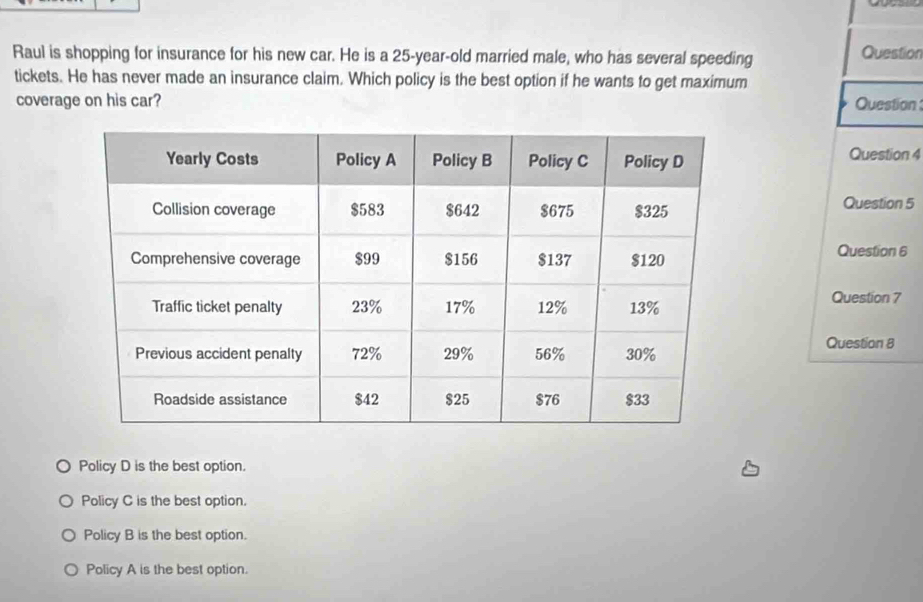 Raul is shopping for insurance for his new car. He is a 25-year-old married male, who has several speeding Question
tickets. He has never made an insurance claim. Which policy is the best option if he wants to get maximum
coverage on his car? Question 
Question 4
Question 5
Question 6
Question 7
Question 8
Policy D is the best option.
Policy C is the best option.
Policy B is the best option.
Policy A is the best option.