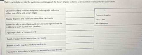 Match each statement to the evidence used to support the theory of plate tectonics to the scientist who reconded the observations.
Documented the symmetrical pattern of magnetic stripes on I
either side of the mid-ocean ridges Drummond & Vine
Glacial deposits and striations on multiple continents Harry Hess
identified mid-ocean ridges and theorized oceans grow from the Alfred Wegener
middle and push out towards trenches
Jigsaw puzzle fit of the continent
Fossil evidence found on multiple continents
Identical rocks found on multiple continents
Sections of a mountain range line up across different contineres