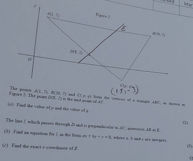 uked Mar
(σ) Find the value of p and the value of g.
(2)
The line 7, which passes through D and is perpendicular to AC, intersects AB at E
(5) Find an equation for /, in the form ax+by+c=0 , where σ, b and c are integers.
(c) Find the exact x-coordinate of E.
(5)