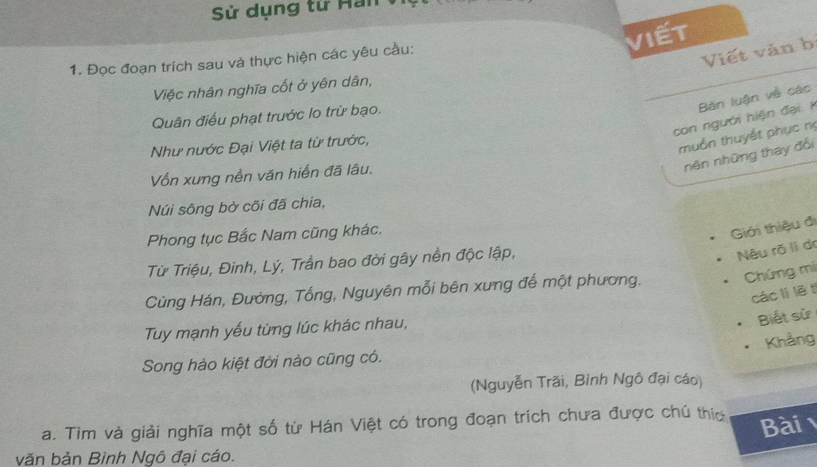 Sử dụng tử Han VI 
viết 
1. Đọc đoạn trích sau và thực hiện các yêu cầu: 
Viết văn b 
Việc nhân nghĩa cốt ở yên dân, 
Bàn luận về các 
Quân điểu phạt trước lo trừ bạo. 
con người hiện đại. h 
Như nước Đại Việt ta từ trước, 
muồn thuyết phục n 
nên những thay đổi 
Vốn xưng nền văn hiến đã lâu. 
Núi sông bờ cõi đã chia, 
Phong tục Bắc Nam cũng khác. 
Giới thiệu đi 
Từ Triệu, Đinh, Lý, Trần bao đời gây nền độc lập, 
Nêu rõ li dr 
Chứng mì 
Cùng Hán, Đường, Tống, Nguyên mỗi bên xưng đế một phương. 
các lí lē t 
Tuy mạnh yếu từng lúc khác nhau, 
Biết sử 
Khẳng 
Song hào kiệt đời nào cũng có. 
(Nguyễn Trãi, Bình Ngô đại cáo) 
a. Tìm và giải nghĩa một số từ Hán Việt có trong đoạn trích chưa được chú thc 
Bài 
văn bản Bình Ngô đại cáo.