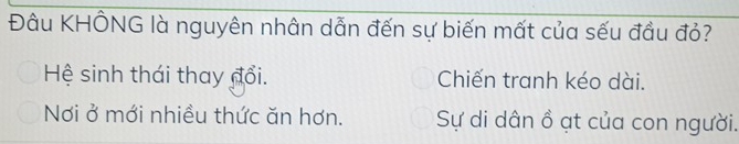 Đâu KHÔNG là nguyên nhân dẫn đến sự biến mất của sếu đầu đỏ?
Hệ sinh thái thay đổi. Chiến tranh kéo dài.
Nơi ở mới nhiều thức ăn hơn. Sự di dân ồ ạt của con người.