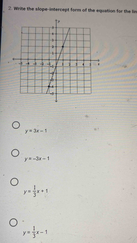 Write the slope-intercept form of the equation for the lin
y=3x-1
y=-3x-1
y= 1/3 x+1
y= 1/3 x-1