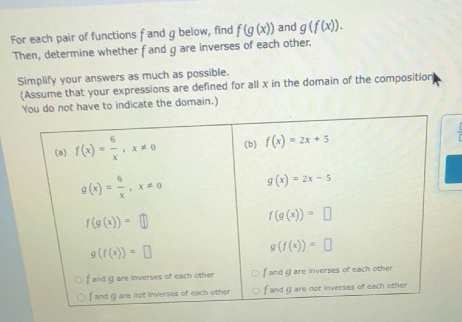 Solved: For each pair of functions f and g below, find f(g(x)) and g(f ...