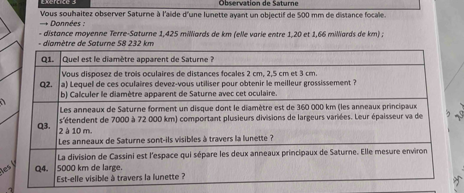 Observation de Saturne
Vous souhaitez observer Saturne à l’aide d’une lunette ayant un objectif de 500 mm de distance focale.
→  Données :
- distance moyenne Terre-Saturne 1,425 milliards de km (elle varie entre 1,20 et 1,66 milliards de km) ;
- diamètre de Saturne 58 232 km
le