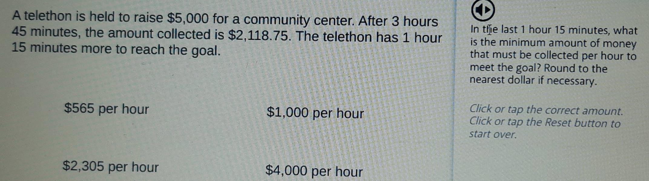 A telethon is held to raise $5,000 for a community center. After 3 hours
In the last 1 hour 15 minutes, what
45 minutes, the amount collected is $2,118.75. The telethon has 1 hour is the minimum amount of money
15 minutes more to reach the goal. that must be collected per hour to
meet the goal? Round to the
nearest dollar if necessary.
$565 per hour $1,000 per hour
Click or tap the correct amount.
Click or tap the Reset button to
start over.
$2,305 per hour $4,000 per hour