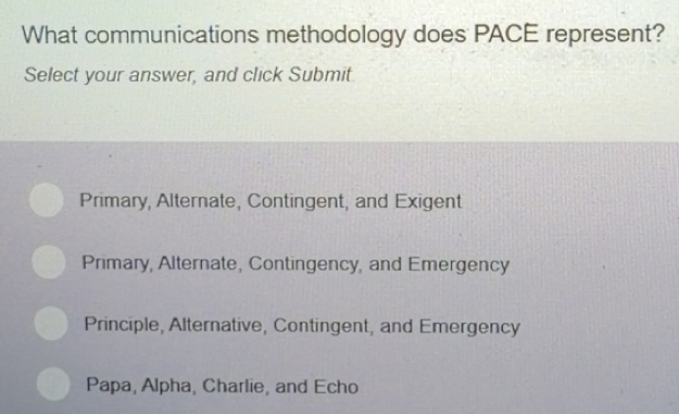 Gelöst:What communications methodology does PACE represent? Select your ...
