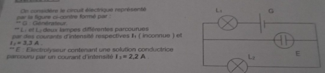 On considère le circuit électrique représenté 
par la figure ci-contre formé par :
G : Générateur.
Le et La deux lampes différentes parcourues
par des courants d'intensité respectives I, ( inconnue ) et
I_2=3.3A.
** E : Electrolyseur contenant une solution conductrice
parcouru par un courant d'intensité I_3=2,2A.