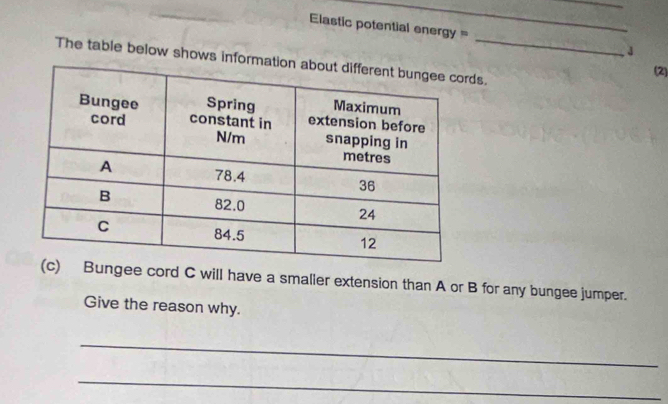 Elastic potential energy = _J 
The table below shows informds. 
(2) 
gee cord C will have a smaller extension than A or B for any bungee jumper. 
Give the reason why. 
_ 
_