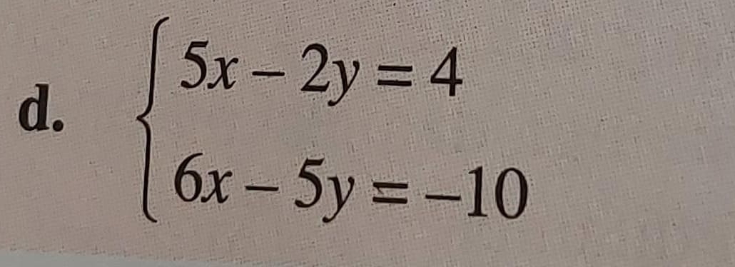 beginarrayl 5x-2y=4 6x-5y=-10endarray.