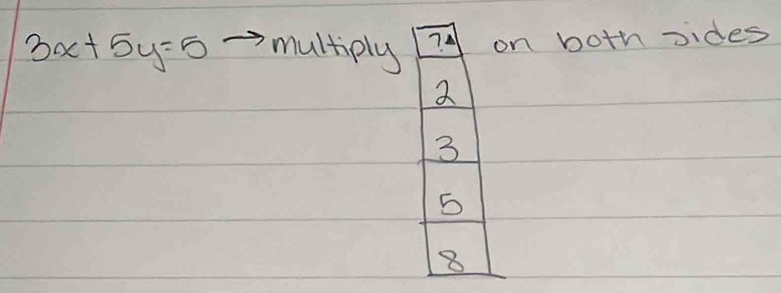 3x+5y=5 multiply 74 on bothsides
2
3
5
8