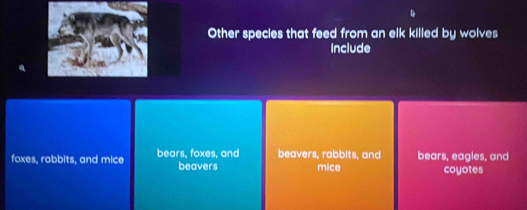 Other specles that feed from an elk killed by wolves
Include
foxes, rabbits, and mice bears, foxes, and beavers, rabbits, and bears, eagles, and
beavers mice coyotes