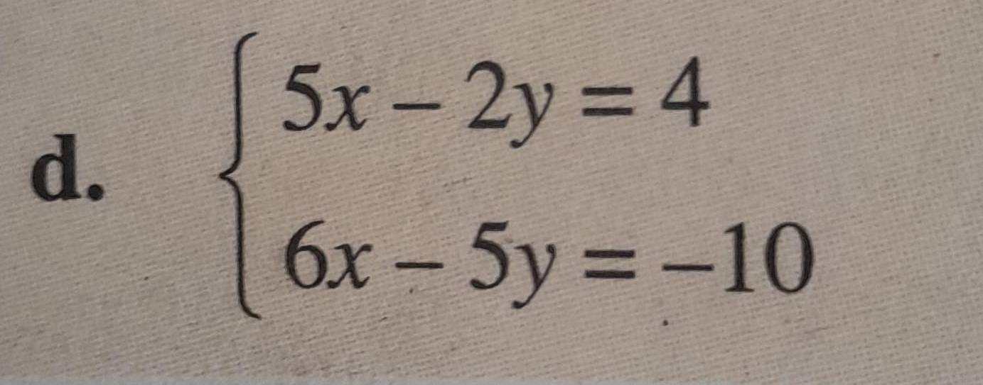 beginarrayl 5x-2y=4 6x-5y=-10endarray.