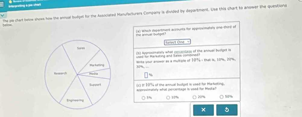 Interpreting a pio chart 
The pie chart below shows how the annual budget for the Associated Manufacturers Company is divided by department. Use this chart to answer the questions
below.
(a) Which department accounts for approximately one-third of
the annual budget?
Select One
(b) Approximately what percentage of the annual budget is
used for Marketing and Sales combined?
Write your answer as a multiple of 10% - that is, 10%, 20%,
30%, ...
% 6
(c) If 10% of the annual budget is used for Marketing,
approximately what percentage is used for Media?
5% 10%
20% 50%
×