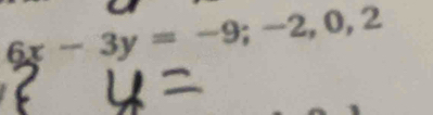 6x-3y=-9; -2, 0, 2