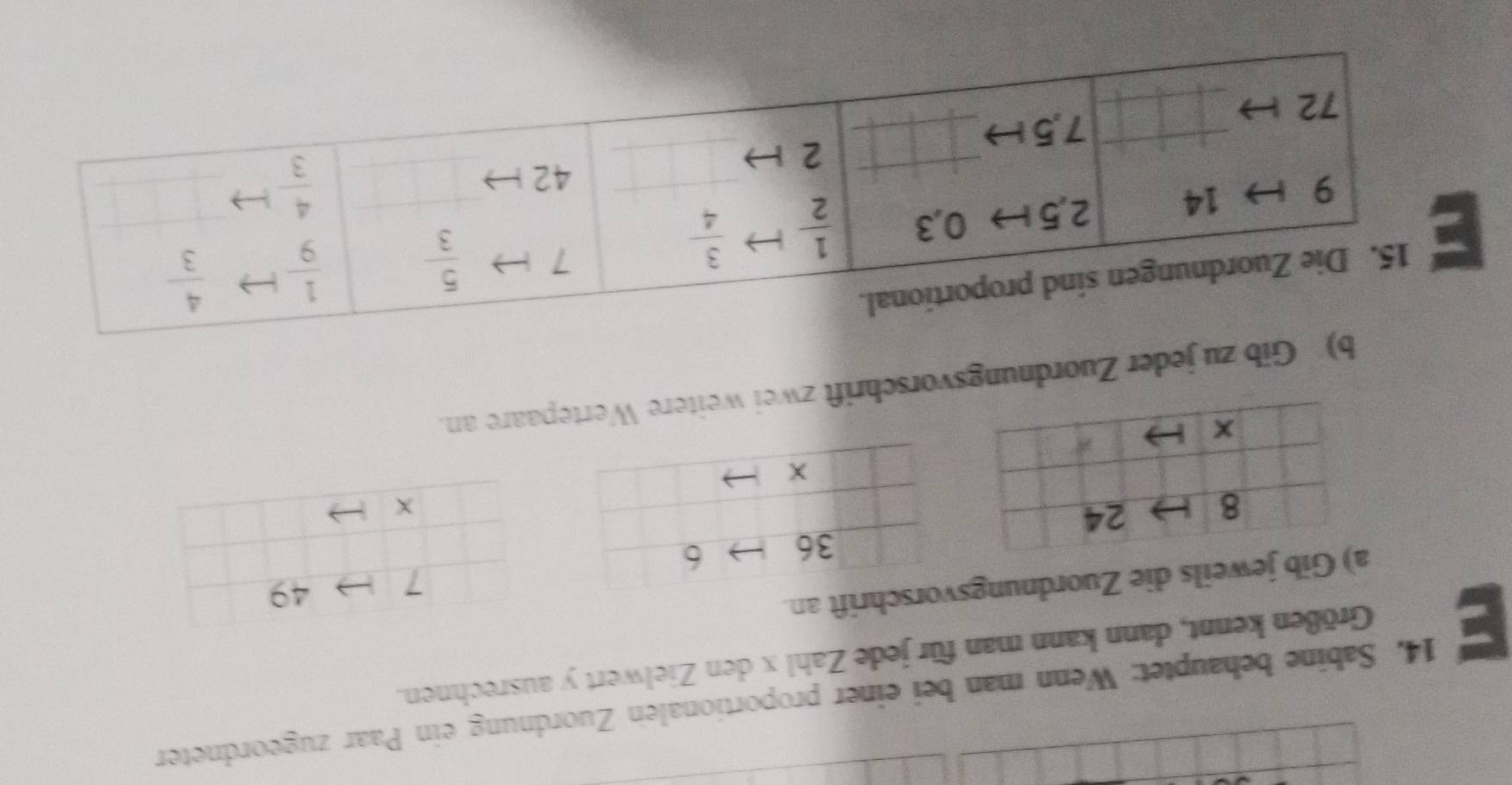 Sabine behauptet: Wenn man bei einer proportionalen Zuordnung ein Paar zugeordneter
Größen kennt, dann kann man für jede Zahl x den Zielwert y ausrechnen.
7 49
eils die Zuordnungsschrift an.
×
b) Gib zu jeder Zuordnungsvorschrift zwei weitere Wertepaare an.
