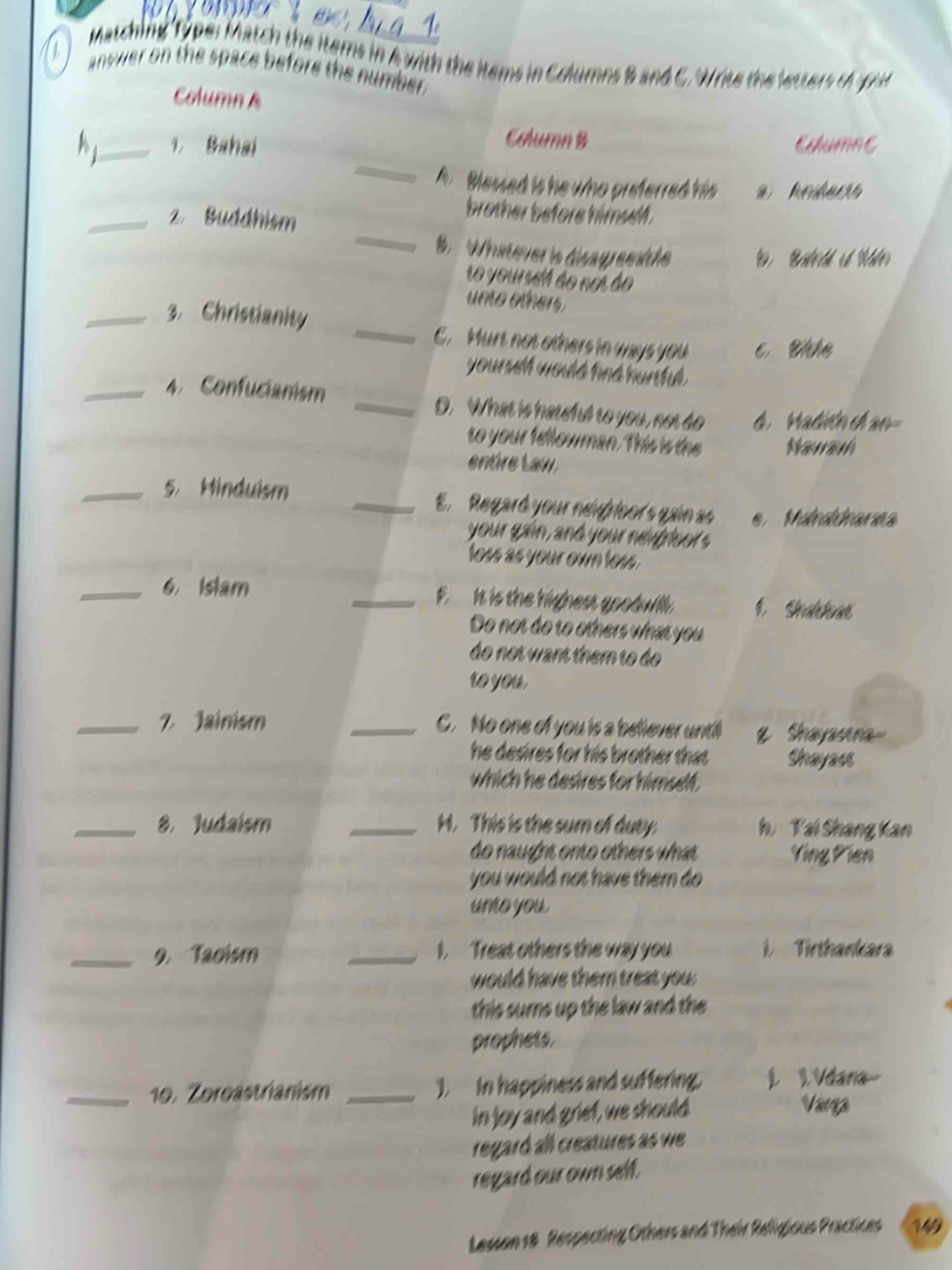 Matching Typer Match the iterns in A with the items in Columns B and C. Write the letters t p
answer on the space before the number.
Column A
Column B
_
_1. Bahai Cumne
A Blessed is he who preferred his a kndern
_
_2 Buddhism
brother before himself .
8. Whateveris disagreesde
to yoursef áo not áo
unto other
_3. Christianity _C. Hurt not others in ways you
yourseh would find hunful .
_4 Confucianism _D. What is hateful to you, not do d. Hadito c an-
to your fellowman. This is the Nawauh
entre Law
_5. Hinduism _E. Regard your néigrfoors gain as e. Malnadharna
your gain, and your néifrleor s
loss as your own less .
_6, Islam _F. It is the highest goodwill 1. Snaekae
Do not do to others what you
do not want them to do 
ro you,
_7 Jainism _C. No one of you is a believer untill # Shayasena
he desires for his brother that . Snayast
which he desires for himself.
_8. Judaism _H. This is the sum of duty. h Tai Shang Kan
do naught onto others what Ying Pien
you would not have them do
uno you.
_9. Taoism _I. Treat others the way you D Tirthankara
would have them treat you
this sums up the law and the
prophets.
_10. Zoroastrianism _). in happiness and suffering. L 3. Vdana-
in joy and grief, we should Varg
regard all creatures as we
regard our own self.
Lesson 18 Respecting Others and Their Religious Practices 19