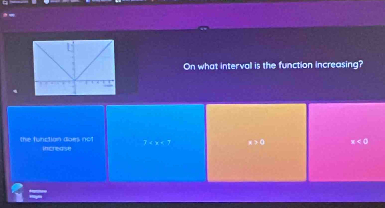 On what interval is the function increasing?
the functian does not 7 x>0 x<0</tex> 
increase