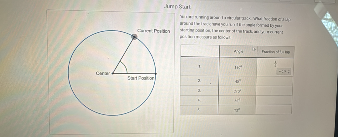 Jump Start
You are running around a circular track. What fraction of a lap
around the track have you run if the angle formed by your
Current Position starting position, the center of the track, and your current
position measure as follows: