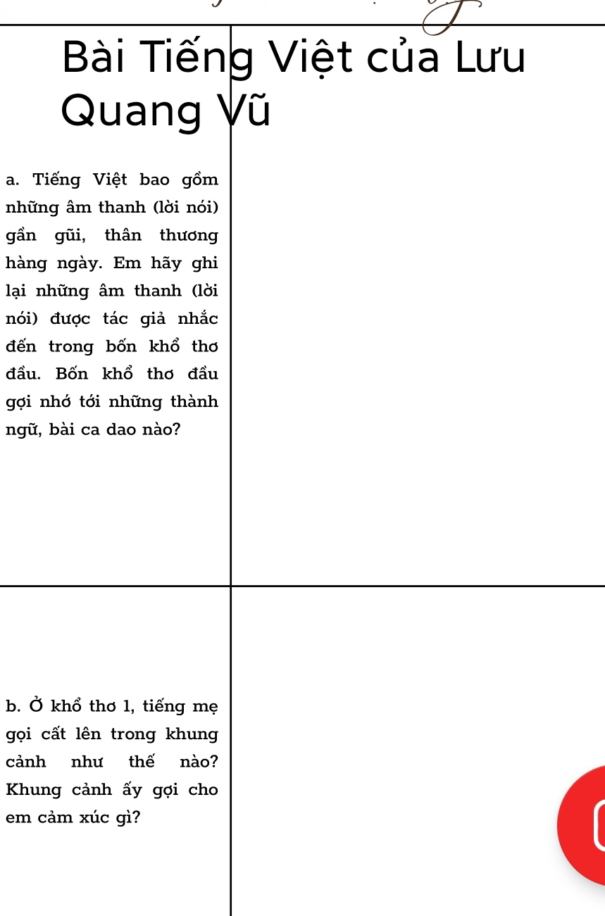 Bài Tiếng Việt của Lưu 
Quang Vũ 
a. Tiếng Việt bao gồm 
những âm thanh (lời nói) 
gần gũi, thân thương 
hàng ngày. Em hãy ghi 
lại những âm thanh (lời 
nói) được tác giả nhắc 
đến trong bốn khổ thơ 
đầu. Bốn khổ thơ đầu 
gợi nhớ tới những thành 
ngữ, bài ca dao nào? 
b. Ở khổ thơ 1, tiếng mẹ 
gọi cất lên trong khung 
cảnh như thế nào? 
Khung cảnh ấy gợi cho 
em cảm xúc gì?