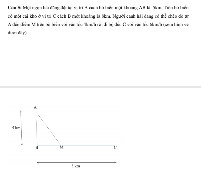 Một ngọn hải đăng đặt tại vị trí A cách bờ biển một khoảng AB là 5km. Trên bờ biển 
có một cái kho ở vị trí C cách B một khoảng là 8km. Người canh hải đăng có thể chèo đò từ 
A đến điểm M trên bờ biển với vận tốc 4km/h rồi đi bộ đến C với vận tốc 6km/h (xem hình vẽ 
dưới đây).