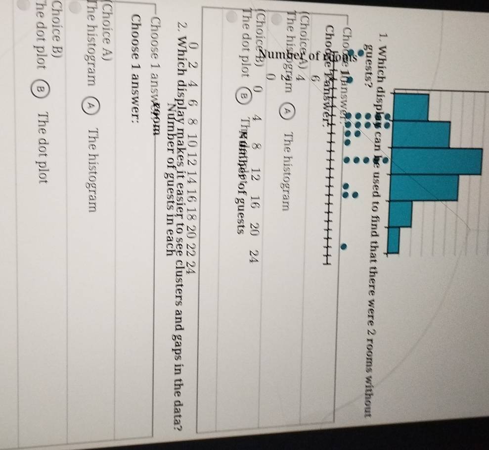 Whicere were 2 rooms without
guests?
Choose answ
Choose Panswer:
6
(Choice A) 4
The histogram A) The histogram
0
(Choice B) 0 4 8 12 16 20 24
The dot plot (B) The of guests
0 2 4 6 8 10 12 14 16 18 20 22 24
2. Which display makes it easier to see clusters and gaps in the data?
Number of guests in each
Choose 1 answoom
Choose 1 answer:
(Choice A)
The histogram A The histogram
Choice B)
he dot plot B The dot plot