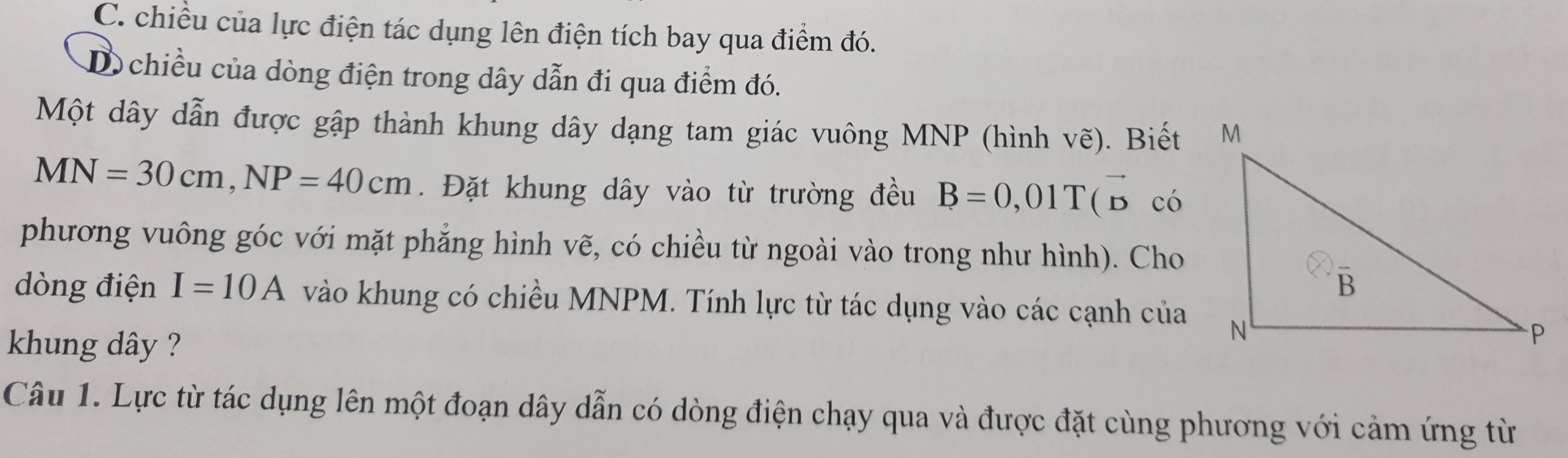 C. chiều của lực điện tác dụng lên điện tích bay qua điểm đó.
D chiều của dòng điện trong dây dẫn đi qua điểm đó.
Một dây dẫn được gập thành khung dây dạng tam giác vuông MNP (hình vẽ). Biết
MN=30cm, NP=40cm. Đặt khung dây vào từ trường đều B=0,01T(overline D có
phương vuông góc với mặt phẳng hình vẽ, có chiều từ ngoài vào trong như hình). Cho
dòng điện I=10A vào khung có chiều MNPM. Tính lực từ tác dụng vào các cạnh của
khung dây ?
Câu 1. Lực từ tác dụng lên một đoạn dây dẫn có dòng điện chạy qua và được đặt cùng phương với cảm ứng từ