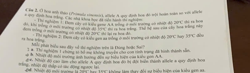 Ở hoa anh thảo (Primula sinensis), allele A quy định hoa đó trội hoàn toàn so với allele
a quy định hoa trăng. Các nhà khoa học đã tiên hành thí nghiệm: 20°C thì ra hoa
Thi nghiệm 1: Đem cây có kiểu gene AA trồng ở môi trường có nhiệt độ
đó, khi trồng ở môi trường có nhiệt độ 35°C thi ra hoa trắng. Thể hệ sau của cây hoa trắng này
đem trồng ở môi trường có nhiệt độ 20°C thì lại ra hoa đỏ. 20°C hay 35°C dều
Thí nghiệm 2: Đem cây có kiểu gen aa trồng ở môi trường có nhiệt độ
ra hoa trắng.
Mỗi phát biểu sau đây về thí nghiệm trên là Đúng hoặc Sai?
* a. Thí nghiệm 1 chứng tổ bố mẹ không truyên cho con tính trạng đã hình thành sẵn.
φ b. Nhiệt độ môi trường ảnh hương đên sự biểu hiện của kiêu gen AA.
D c. Nhiệt độ cao làm cho allele A quy định hoa đó bị đột biển thành allele a quy định hoa
trăng, nhiệt độ thấp có tác động ngược lại.
Đd. Nhiệt độ môi trường là 20°C hav 35°C không làm thay đổi sự biểu hiện của kiểu gen aa.