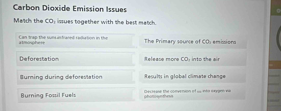 Carbon Dioxide Emission Issues 
a 
Match the CO_2 issues together with the best match. 
Can trap the suns infrared radiation in the 
The Primary source of CO_2
atmosphere emissions 
Deforestation Release more CO_2 into the air 
Burning during deforestation Results in global climate change 
Decrease the conversion of c into oxygen via 
Burning Fossil Fuels photosynthesis