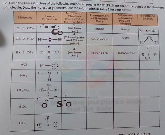 Given the Lewis structure of the following molecules, predict the VSEPR Shape that corresponds to the structure
of molecule. Draw the molecular