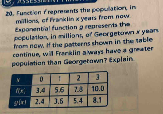 ASESSMEN
20. Function f represents the population, in
millions, of Franklin x years from now.
Exponential function g represents the
population, in millions, of Georgetown x years
from now. If the patterns shown in the table
continue, will Franklin always have a greater
population than Georgetown? Explain.