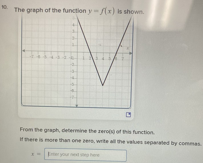 The graph of the function y=f(x) is shown. 
From the graph, determine the zero(s) of this function. 
If there is more than one zero, write all the values separated by commas.
x= Enter your next step here