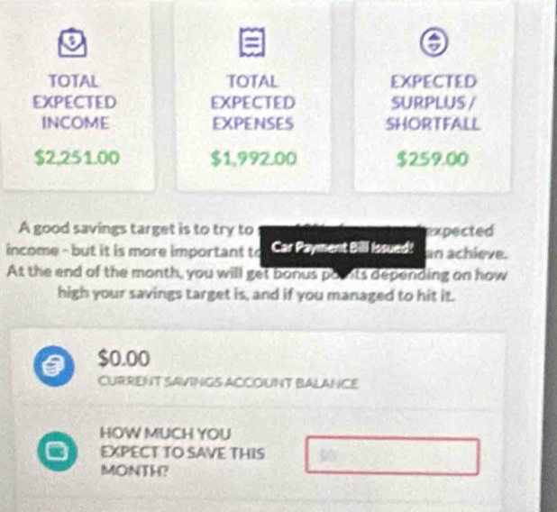 = 
TOTAL TOTAL EXPECTED 
EXPECTED EXPECTED SURPLUS / 
INCOME EXPENSES SHORTFALL
$2,251.00 $1,992.00 $259.00
A good savings target is to try to expected 
income - but it is more important to Car Payment Bill Issued! an achieve. 
At the end of the month, you will get bonus poiits depending on how 
high your savings target is, and if you managed to hit it.
$0.00
CURRENT SAVINGS ACCOUNT BALANCE 
HOW MUCH YOU 
EXPECT TO SAVE THIS
MONTH?