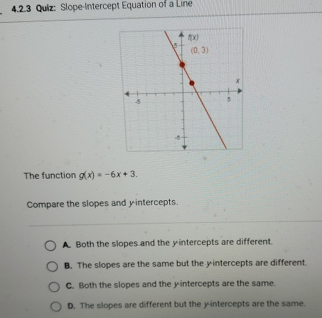 Slope-Intercept Equation of a Line
The function g(x)=-6x+3.
Compare the slopes and y intercepts.
A. Both the slopes and the y intercepts are different.
B. The slopes are the same but the y intercepts are different.
C. Both the slopes and the yintercepts are the same.
D. The slopes are different but the yintercepts are the same.