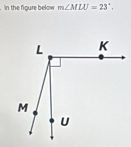 In the figure below m∠ MLU=23°.