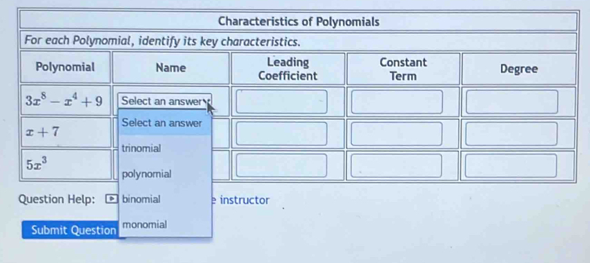 Submit Question monomial